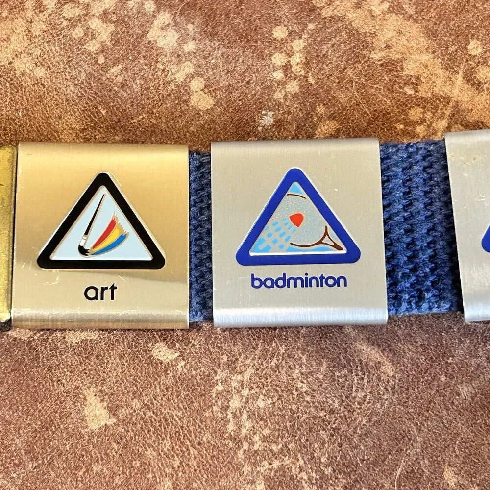 Cub Scout Belt with solid brass buckle Loop Slides Merit Badges. 19 Pieces USA